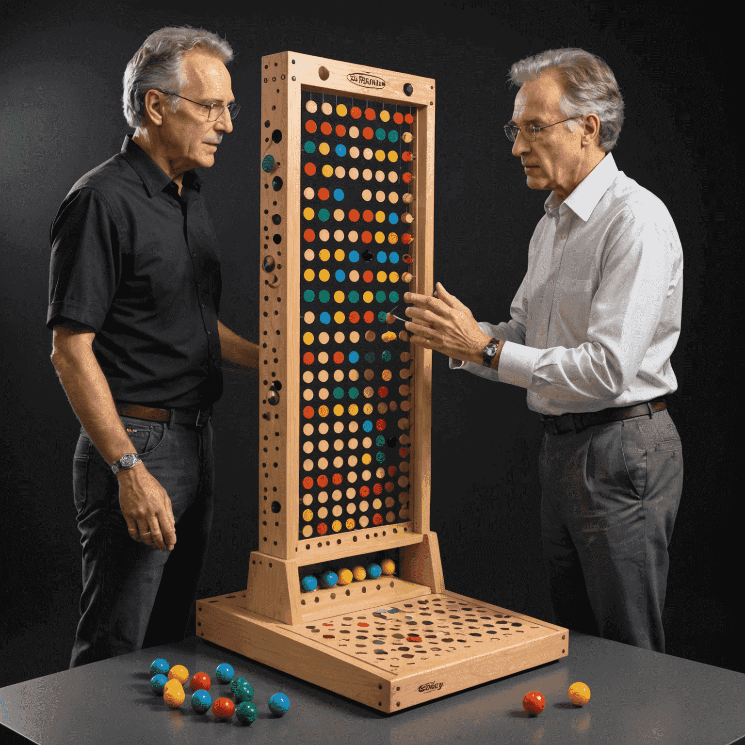 Un físico reconocido jugando Gravity Plinko de Dropium, con una expresión de asombro mientras observa las bolas cayendo a través del tablero de juego que desafía la gravedad