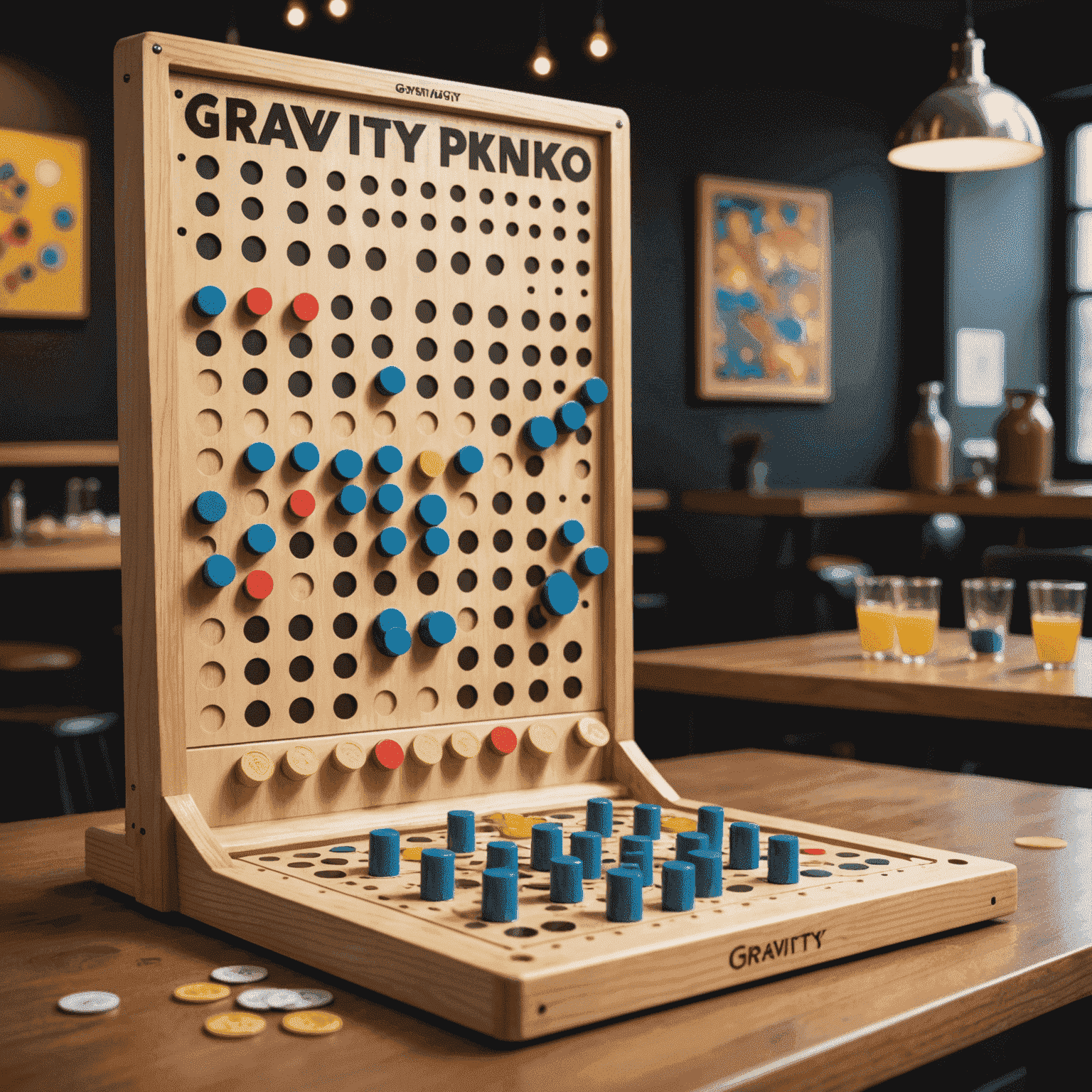 Tablero de Gravity Plinko con fichas cayendo a través de clavijas, mostrando las reglas del juego en acción