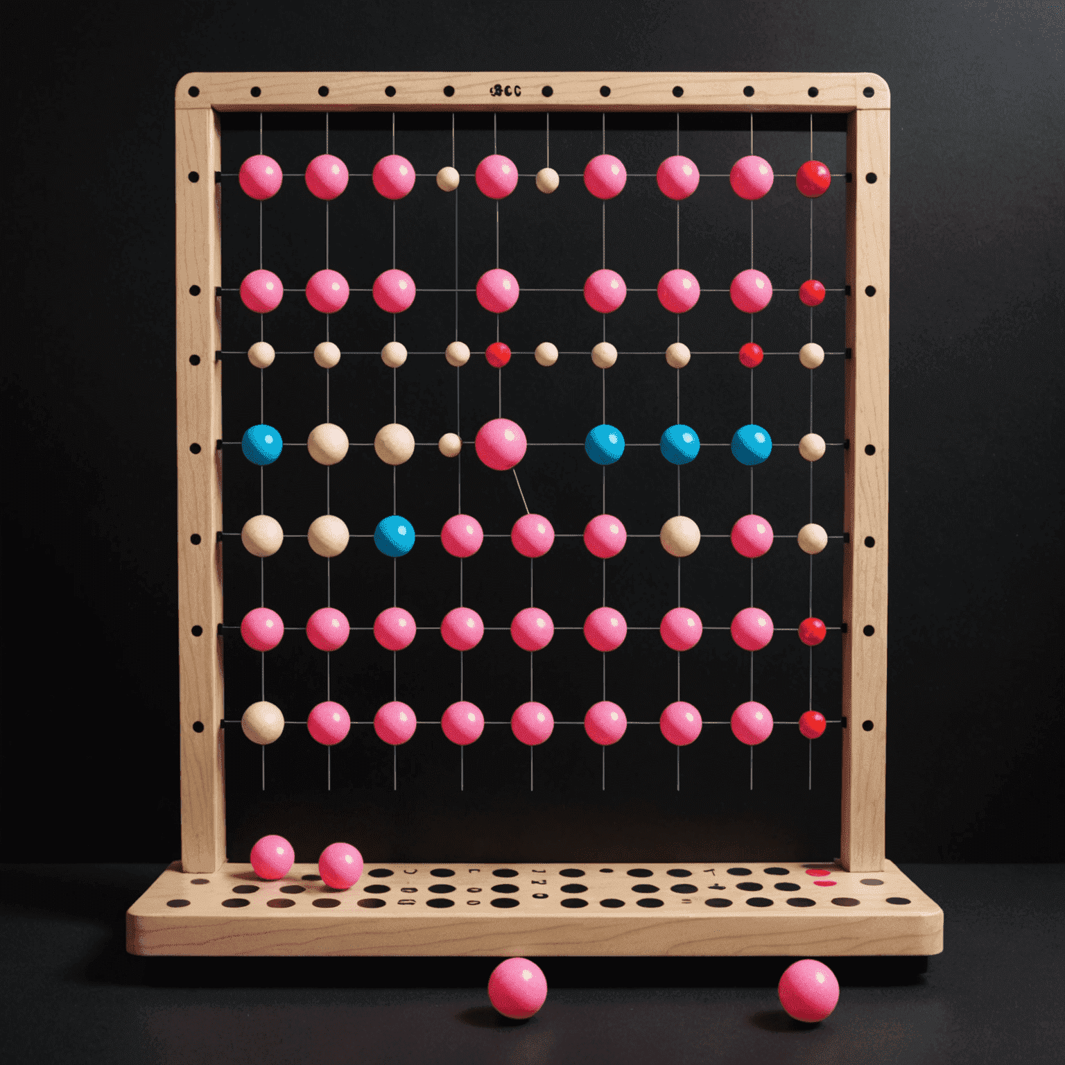 Ilustración del tablero de Gravity Plinko mostrando clavijas, bola y contenedores de puntuación. El fondo es negro con detalles en rojo y rosa, representando la trayectoria de la bola con líneas blancas punteadas.