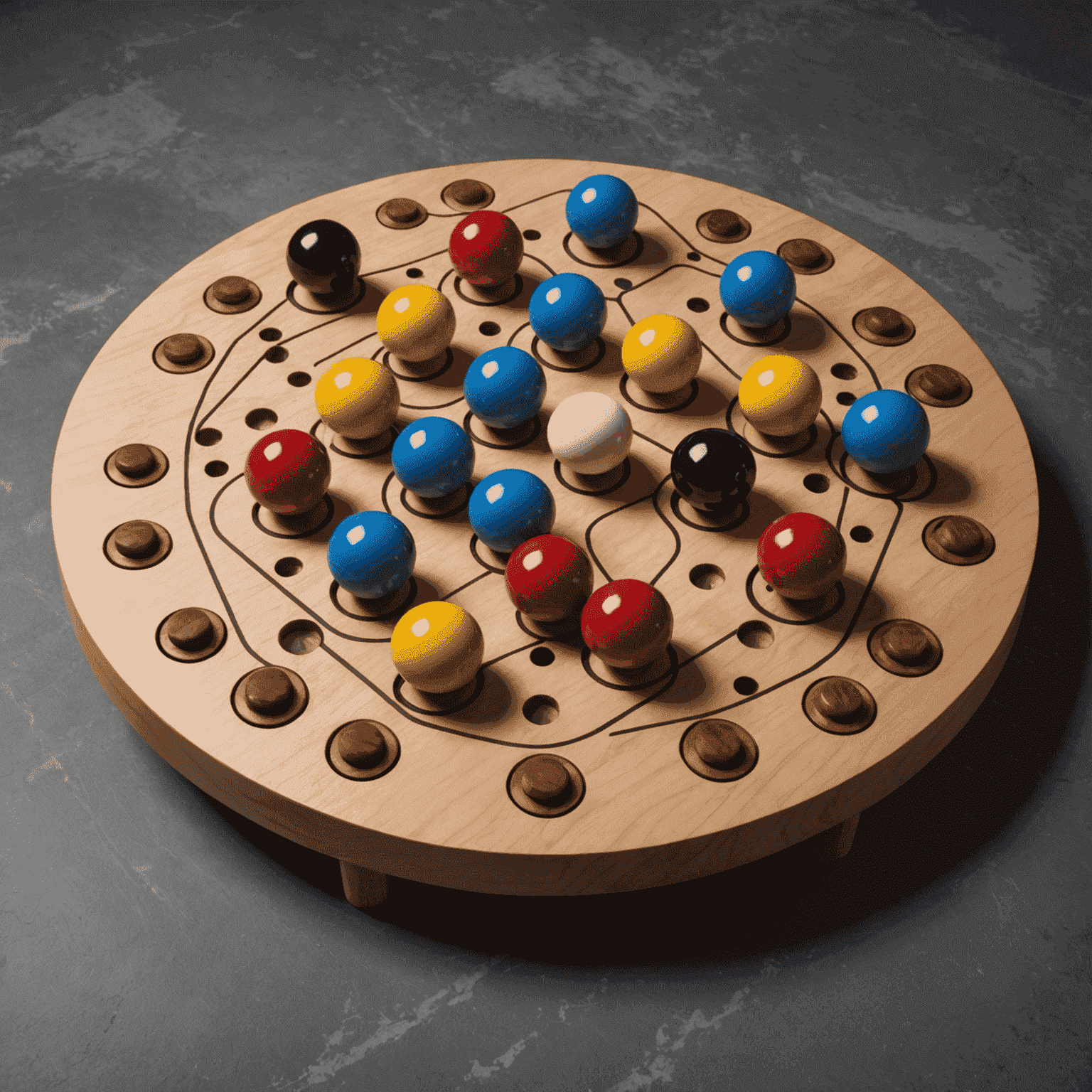Tablero de Dropium con una superficie inclinada, clavijas estratégicamente colocadas y canales para las bolas, mostrando la complejidad del juego y su relación con la gravedad