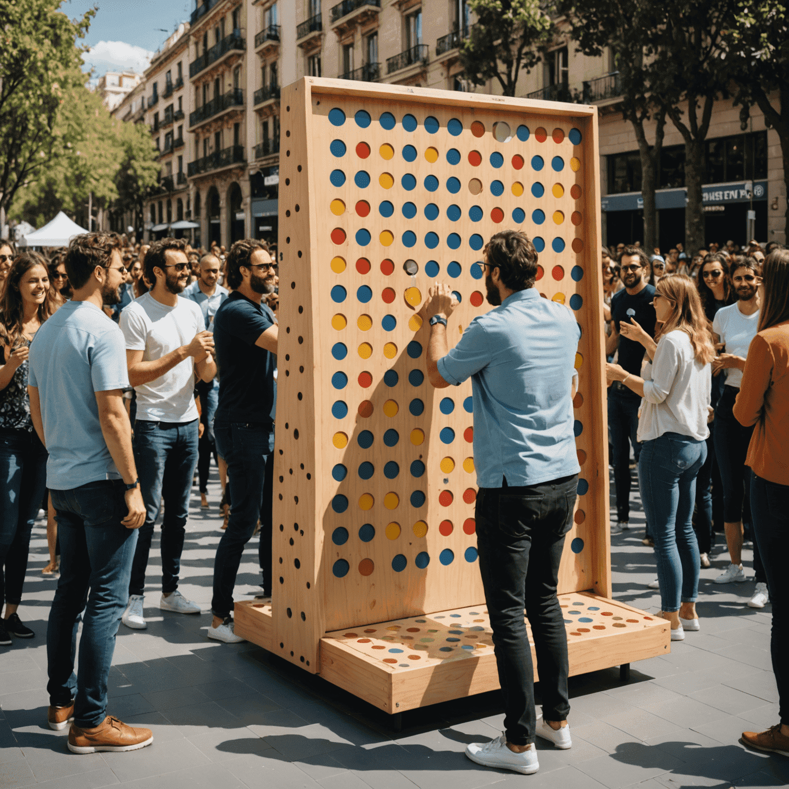 Torneo de Gravity Plinko en Barcelona con participantes jugando en tableros gigantes de Plinko, rodeados de una multitud entusiasta
