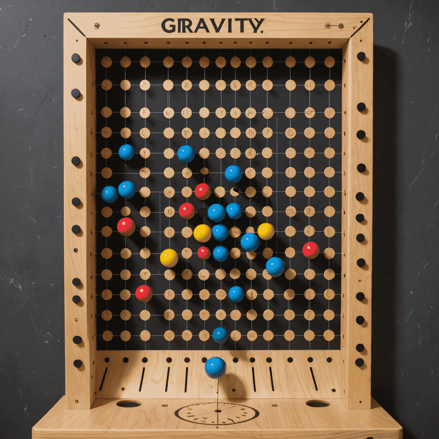 Primer plano del tablero de Gravity Plinko, mostrando las complejas trayectorias de las bolas a través de obstáculos que parecen desafiar la gravedad, con ecuaciones físicas superpuestas en el fondo