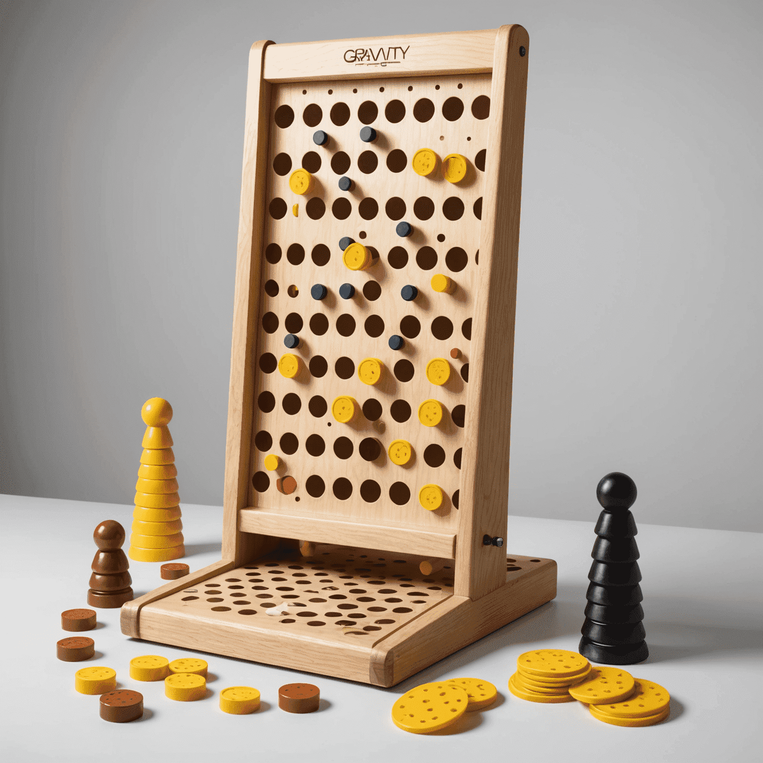 Conjunto de piezas y accesorios de Gravity Plinko, incluyendo el tablero, fichas y elementos adicionales