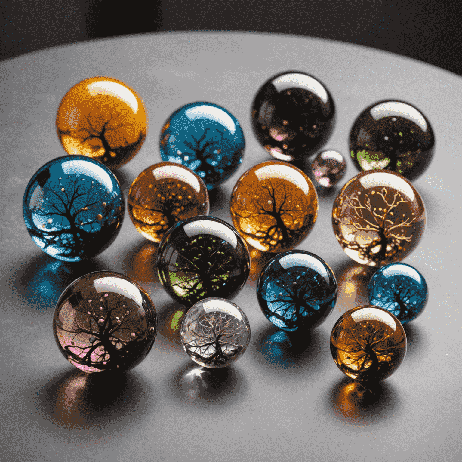 Variedad de bolas de Dropium de diferentes colores y materiales, algunas transparentes para ver el interior, mostrando su perfecta esfericidad y peso equilibrado