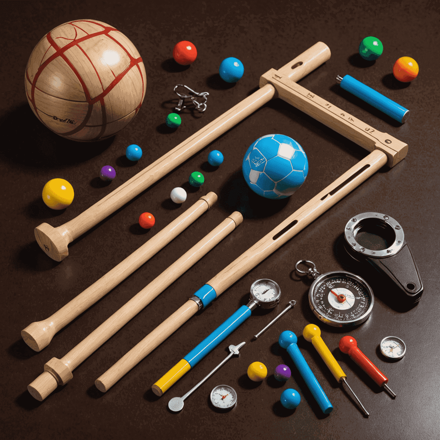 Conjunto de accesorios de Dropium incluyendo un lanzador de bolas, marcadores de puntuación, y un medidor de ángulo, todos diseñados con el estilo característico del juego