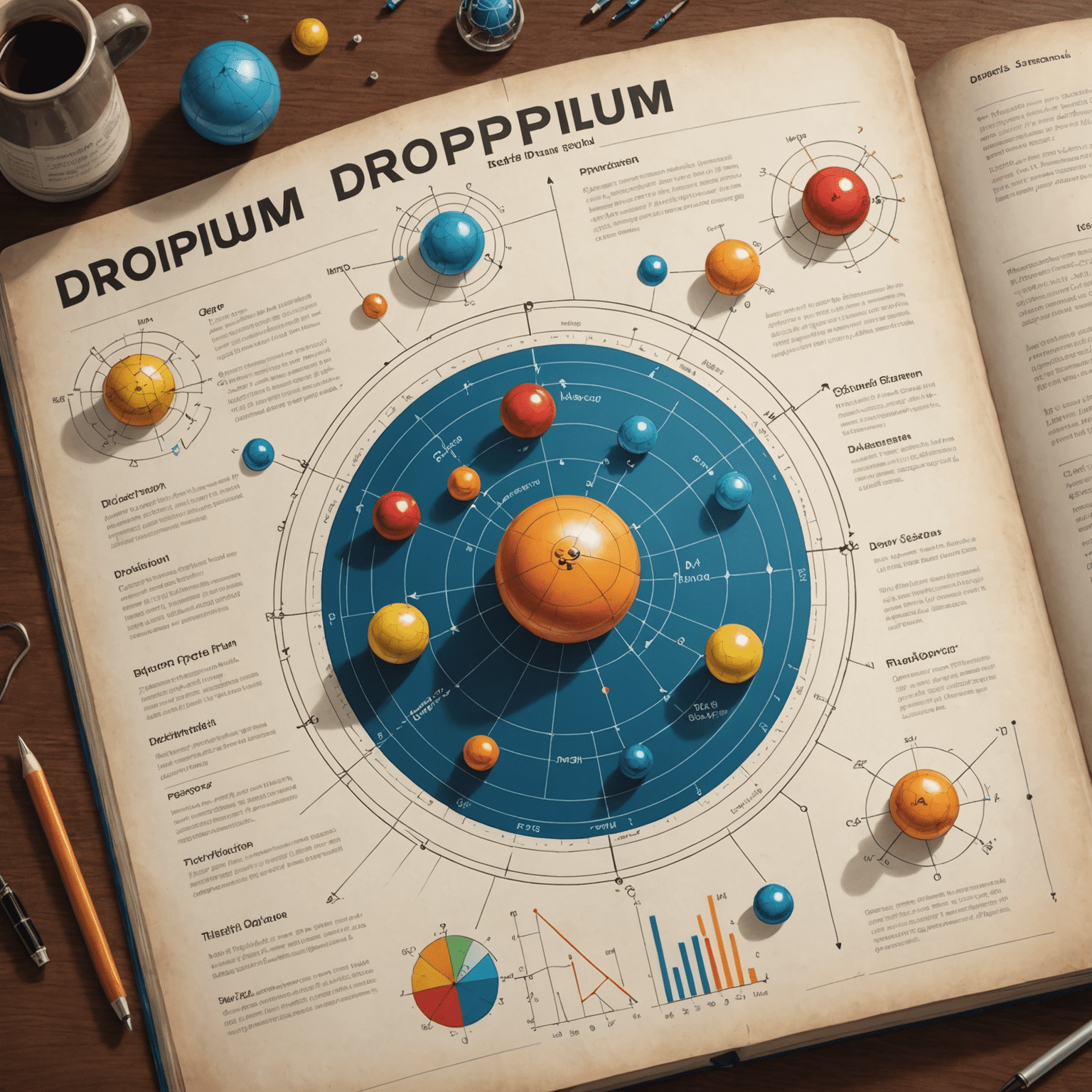 Manual ilustrado de Dropium abierto, mostrando diagramas de estrategias, explicaciones de física y reglas del juego con gráficos atractivos